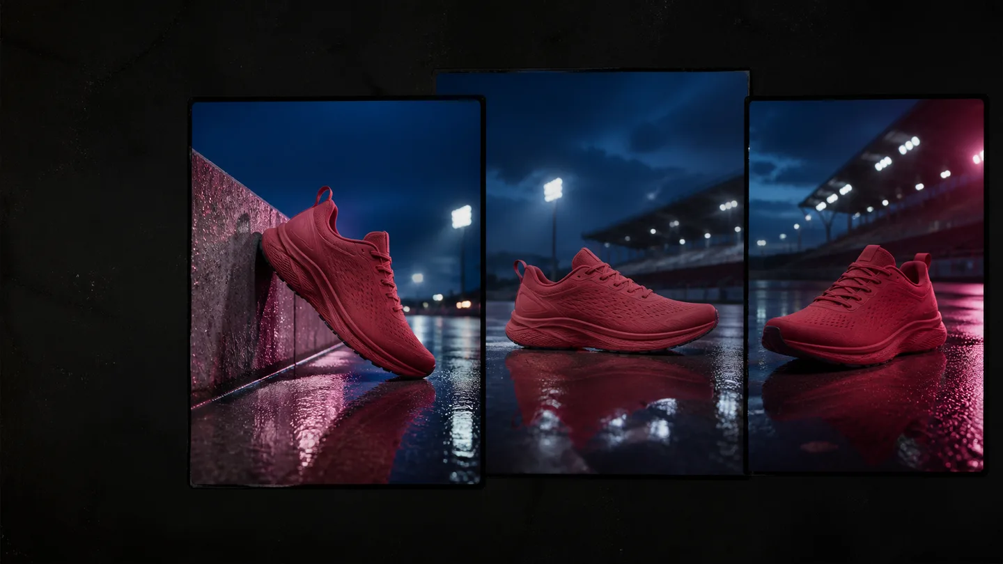 Three matching red running-shoe shots on a wet track at blue hour