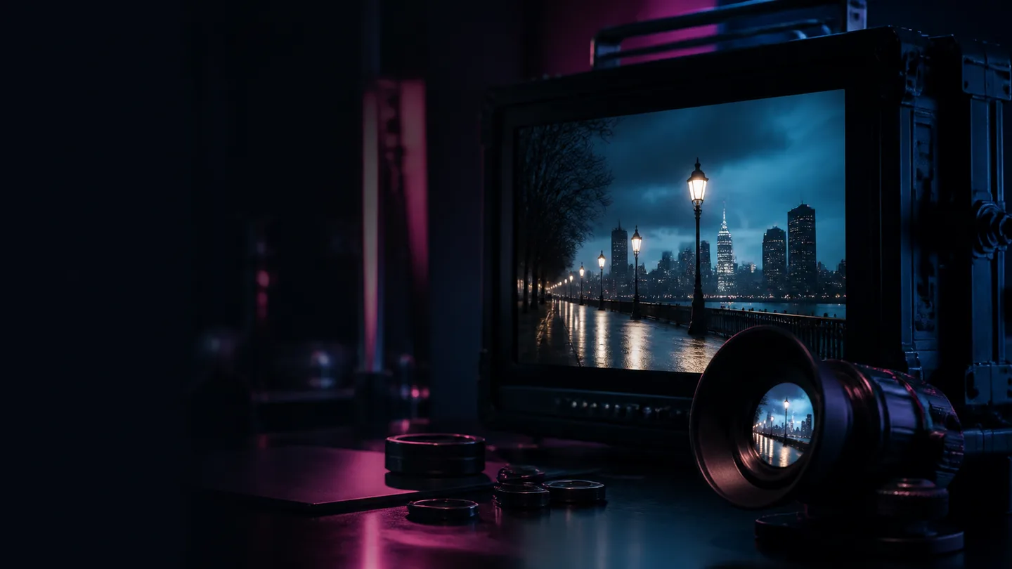 A cinematography monitor and camera lens showing a rainy blue-hour city scene