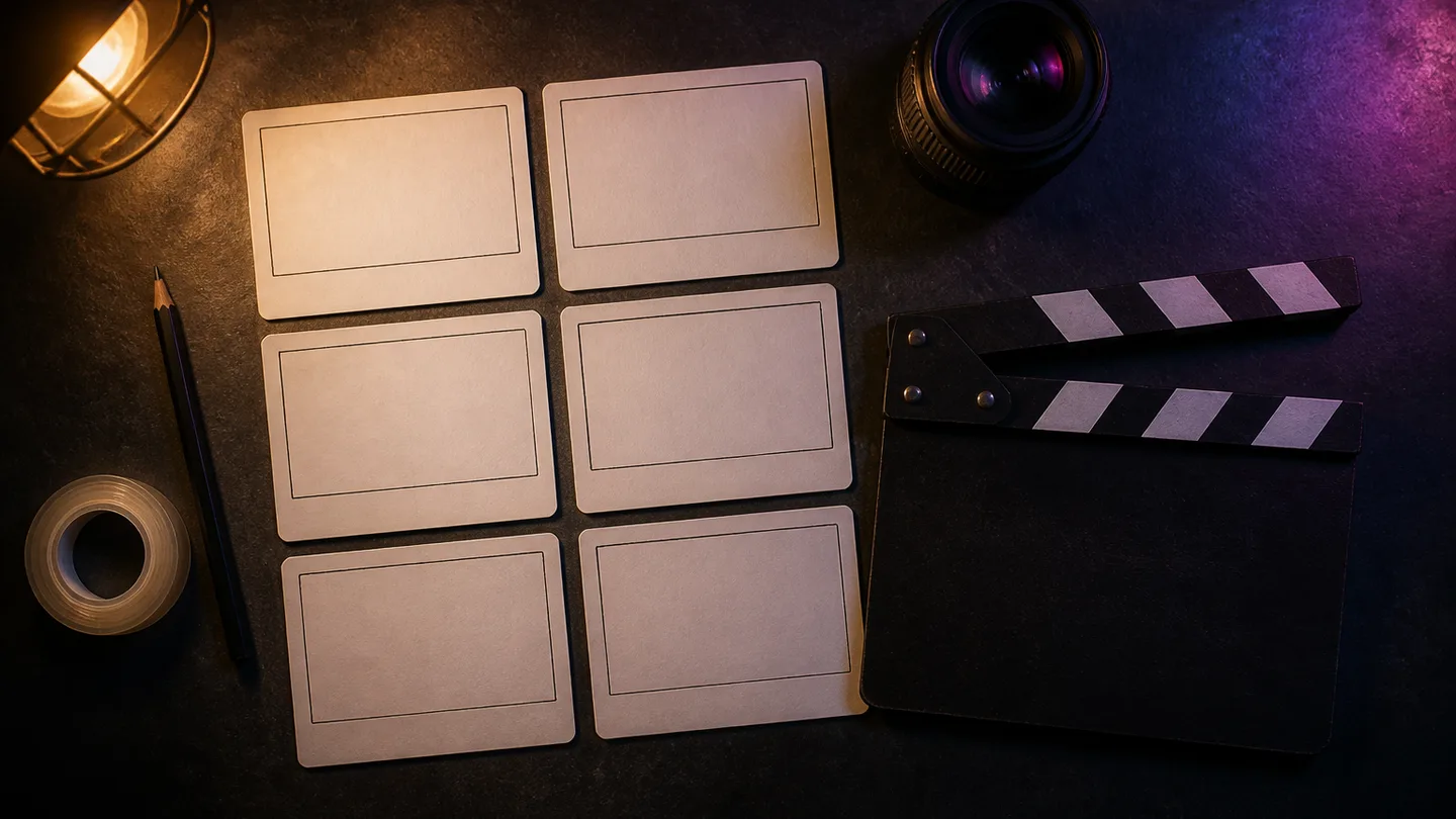 Blank storyboard cards, a pencil, tape and a camera lens arranged on a dark production desk